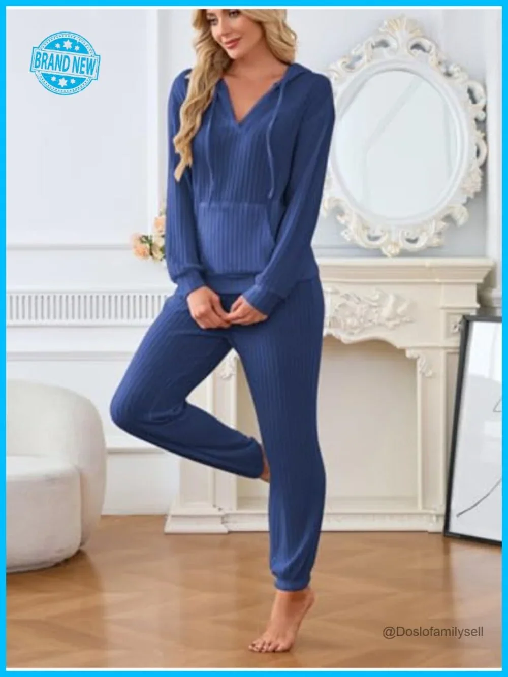 Ribbed Knit Matching Pajama Set with Hoodie & Joggers Pockets